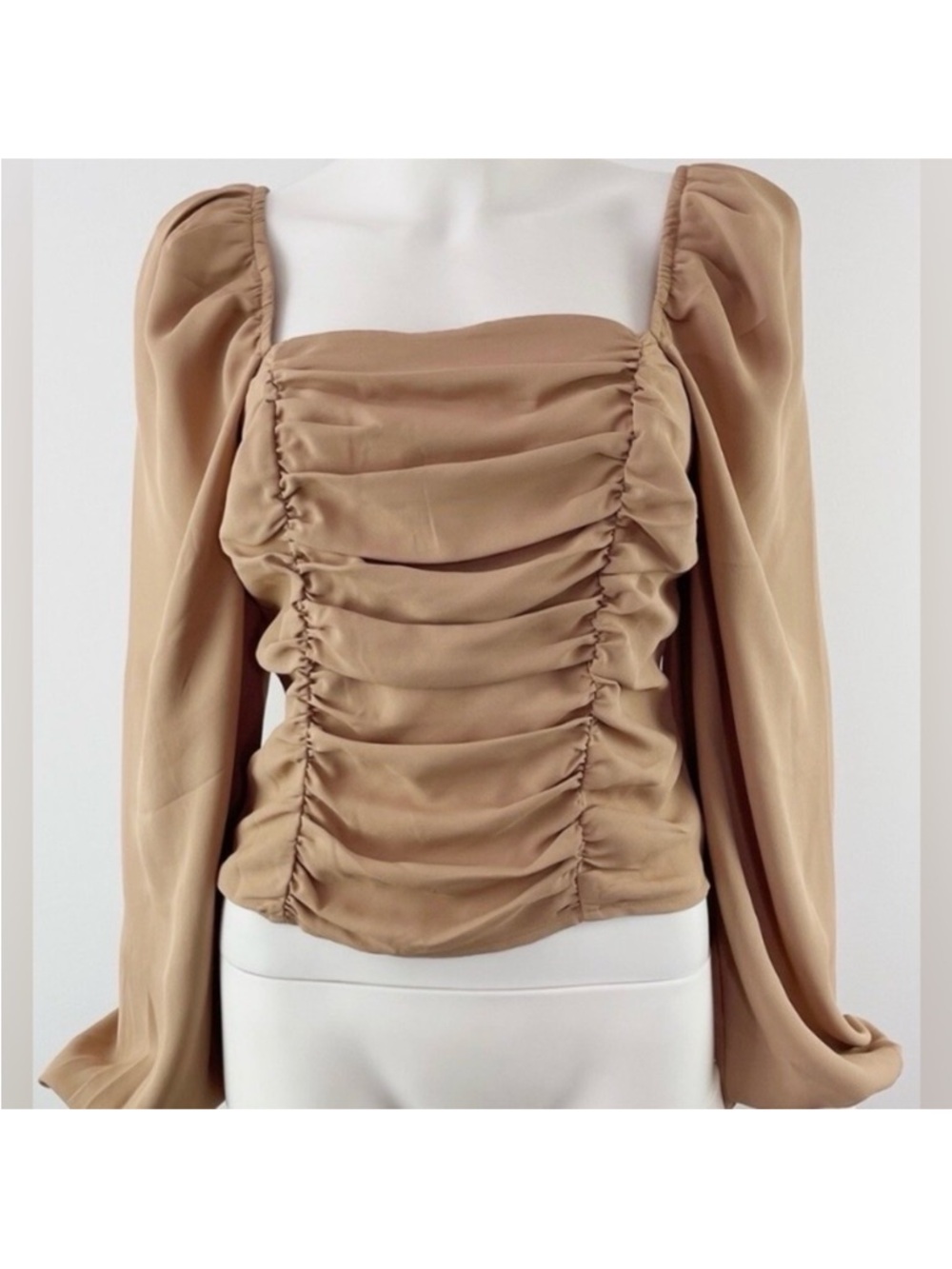Express Ruched Chiffon Square-Neck Long-Sleeve Top - Camel Sz XS. Worn once.